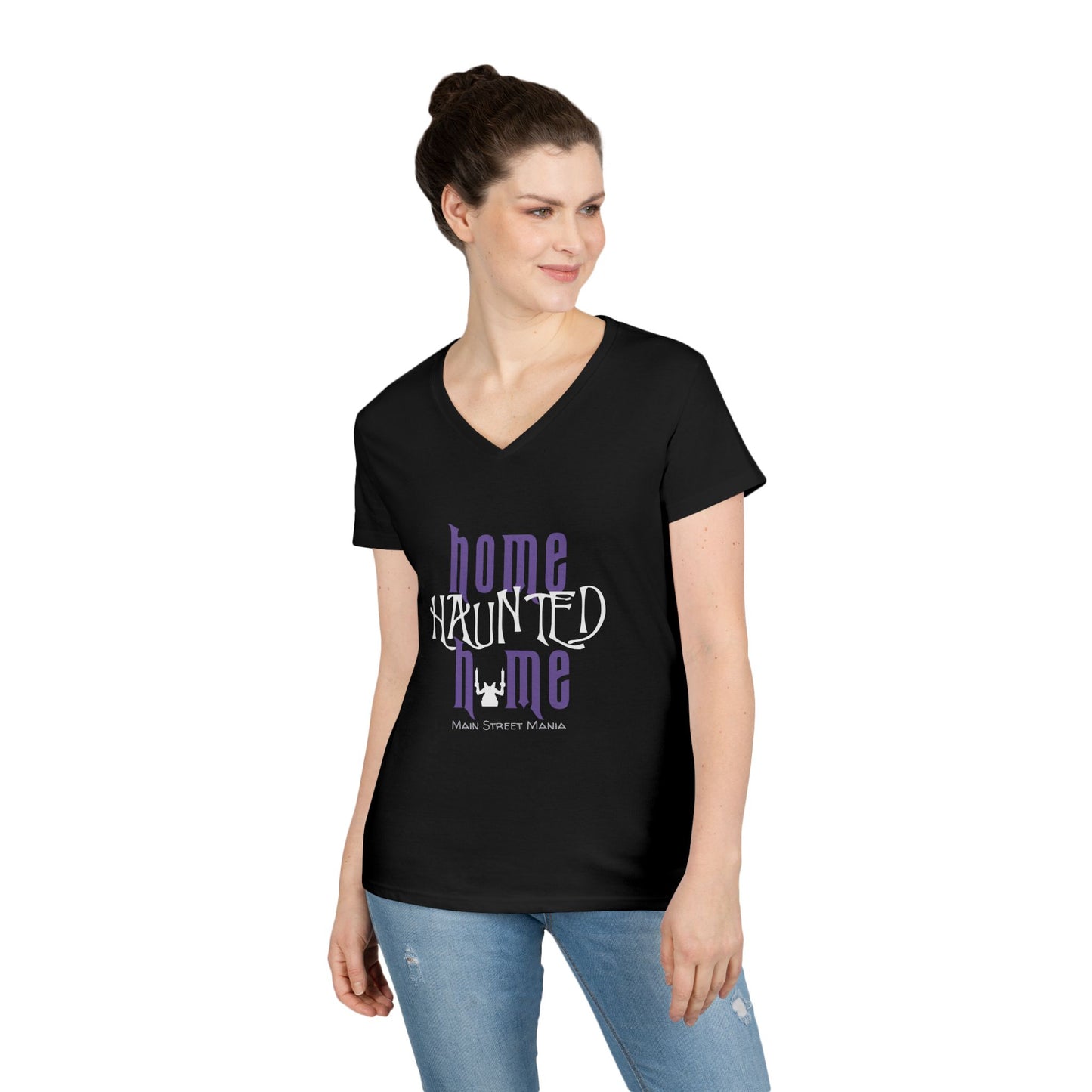 Home Haunted Home Ladies' V-Neck T-Shirt, Haunted Mansion Tee, Gift for Disney Fans, Women's Casual Top, Perfect for Theme Park Days