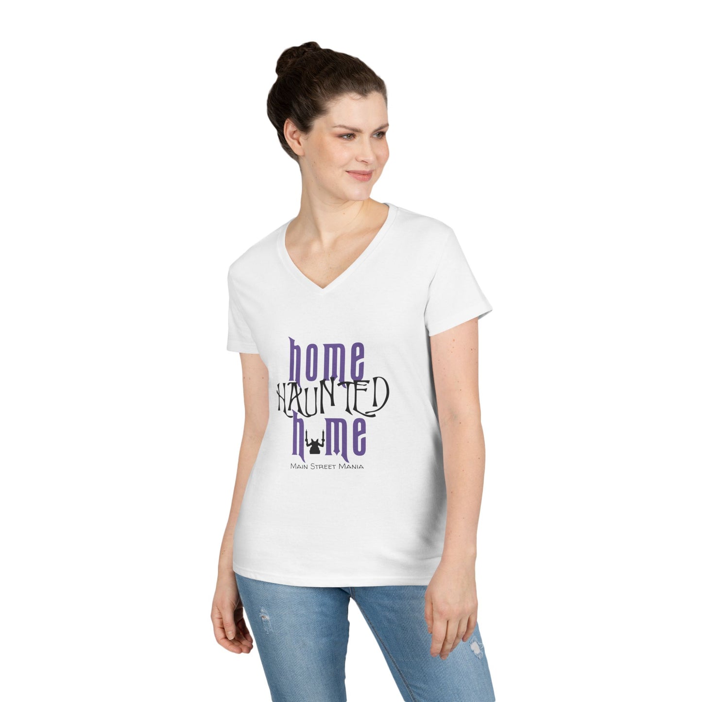 Home Haunted Home Ladies' V-Neck T-Shirt, Haunted Mansion Tee, Gift for Disney Fans, Women's Casual Top, Perfect for Theme Park Days