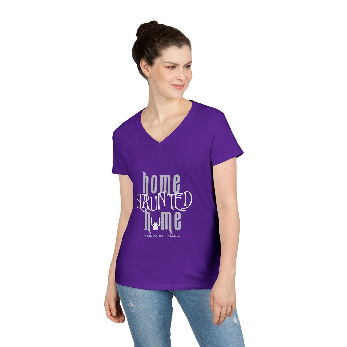 Home Haunted Home Ladies' V-Neck T-Shirt, Haunted Mansion Tee, Gift for Disney Fans, Women's Casual Top, Perfect for Theme Park Days