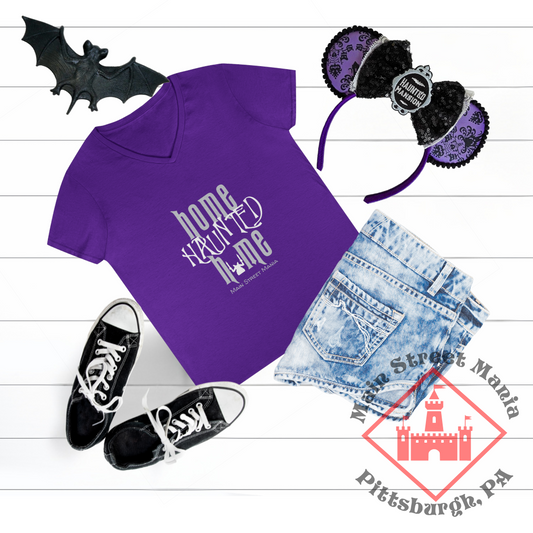 Home Haunted Home Ladies' V-Neck T-Shirt, Haunted Mansion Tee, Gift for Disney Fans, Women's Casual Top, Perfect for Theme Park Days